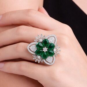Green Flower Rhinestone Adjustable Ring | Floral Statement Fashion Ring
